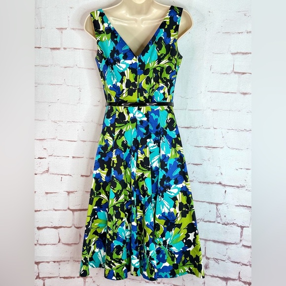 DAVID MEISTER Belted Fit & Flare Blue Green Floral Cocktail Party Dress Size 2 - Picture 4 of 16